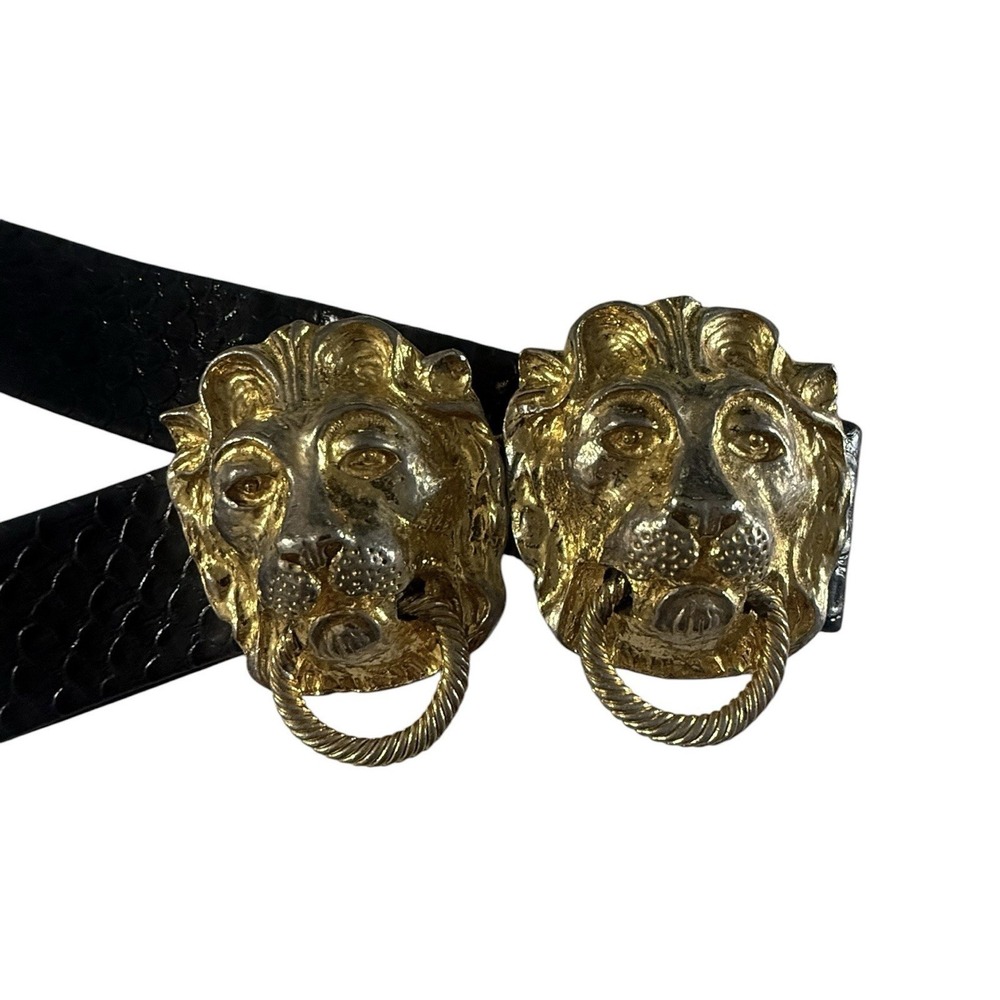 Vtg MIMI DI N 1974 Gold Tone Lions Heads Door Knocker Soft Black Leather Belt